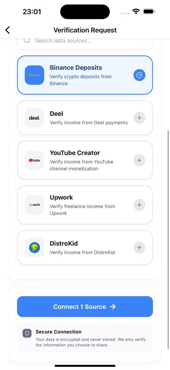 Cr3dentials verification request screen showing Binance, Deel, YouTube Creator, Upwork, and DistroKid as selectable data sources
